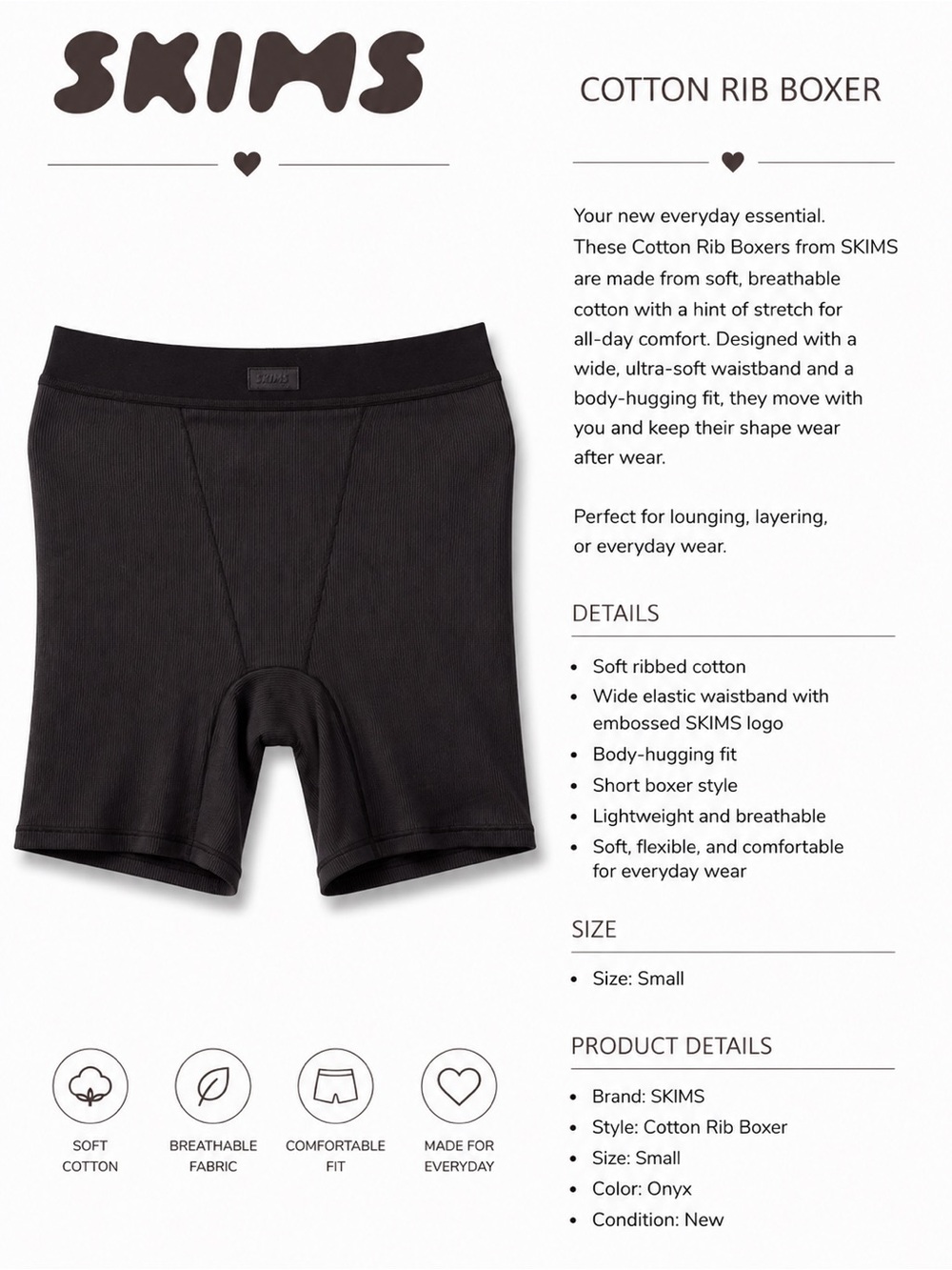SKIMS Womens Cotton Rib Boxer Shorts - Onyx Black